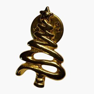 Vintage Gold Tone Christmas Tree Lapel Pin Brooch Zig Zag Star Holiday Pinback